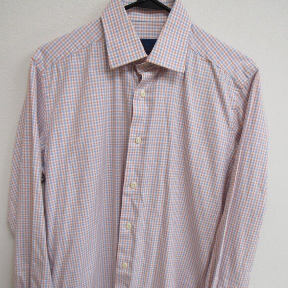 David Donahue Trim Fit Orange/Blue Check Long Sleeve Button-Up Shirt 16 34/35 - Picture 1 of 3